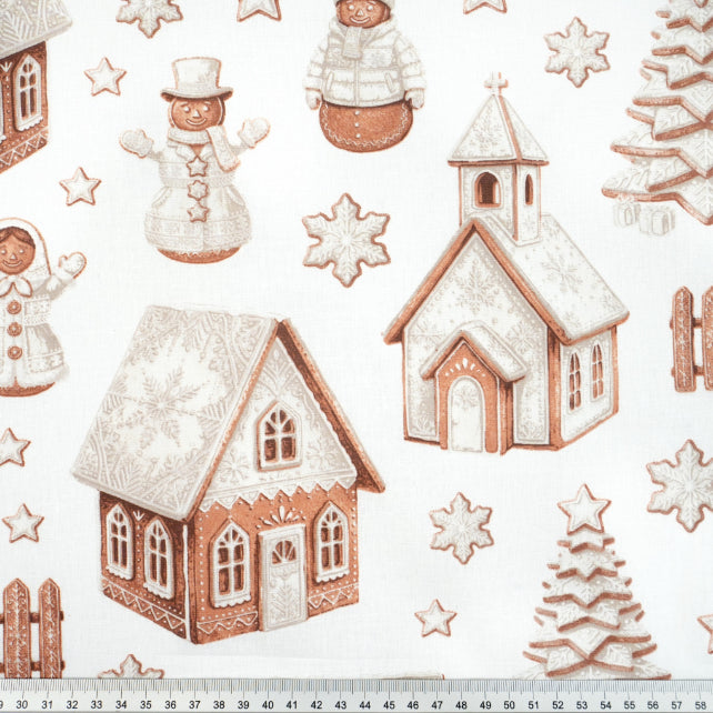Tissu Coton Noël Village de Noël Blanc Beige | Laize 1m55