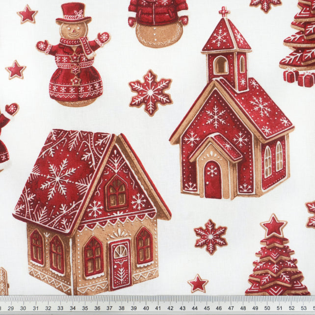 Tissu Coton Noël Village de Noël Rouge Beige | Laize 1m55