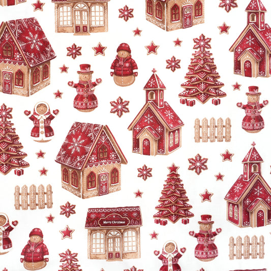 Tissu Coton Noël Village de Noël Rouge Beige | Laize 1m55