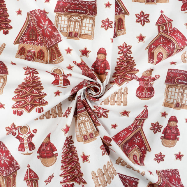 Tissu Coton Noël Village de Noël Rouge Beige | Laize 1m55