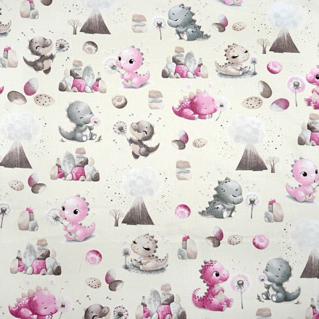 Dinosaures Rose Gris Fond Ecru | 1m x 1m60