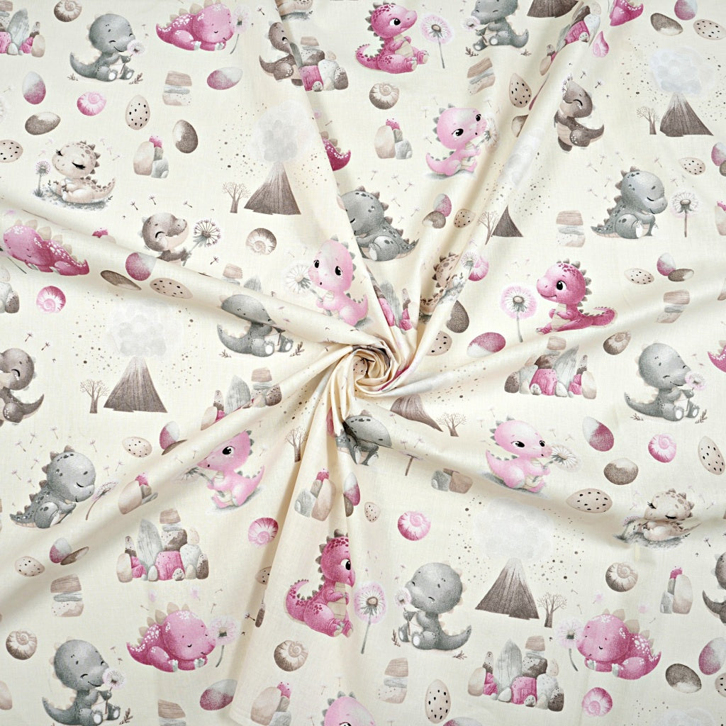 Dinosaures Rose Gris Fond Ecru | 1m x 1m60