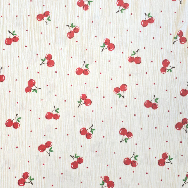 Tissu Double Gaze De Coton Imprimé | Cerises Fond Blanc | Laize 130cm