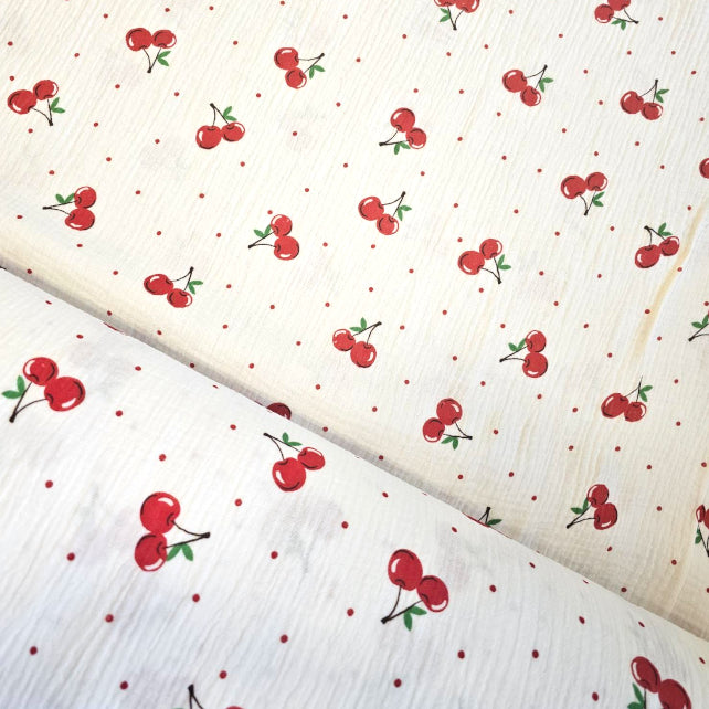 Tissu Double Gaze De Coton Imprimé | Cerises Fond Blanc | Laize 130cm