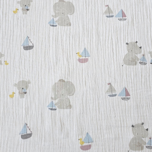 Tissu Double Gaze De Coton Imprimé | Eléphant Kidsbay Fond Blanc | Laize 135cm