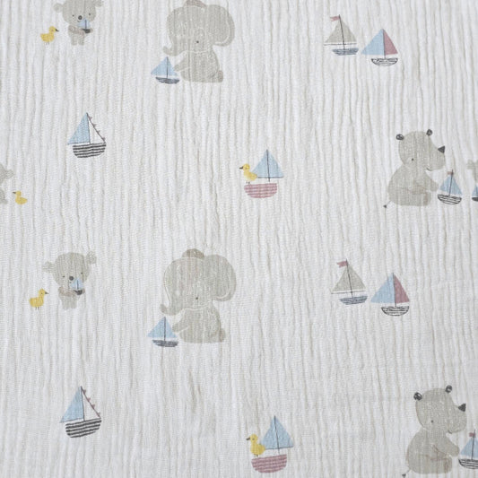Tissu Double Gaze De Coton Imprimé | Eléphant Kidsbay Fond Blanc | Laize 135cm