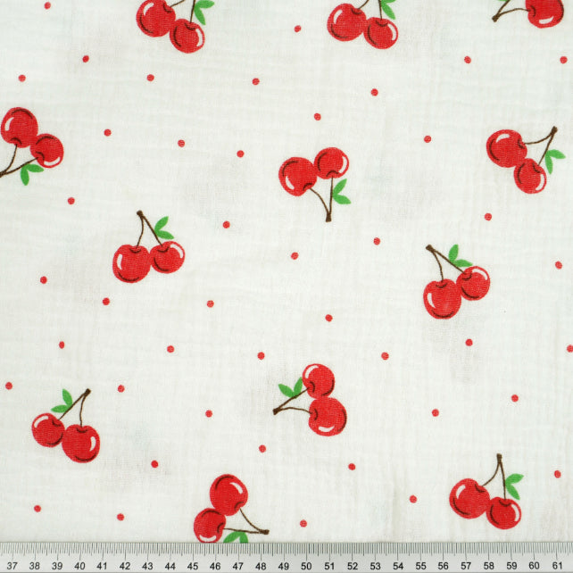 Tissu Double Gaze De Coton Imprimé | Cerises Fond Blanc | Laize 130cm