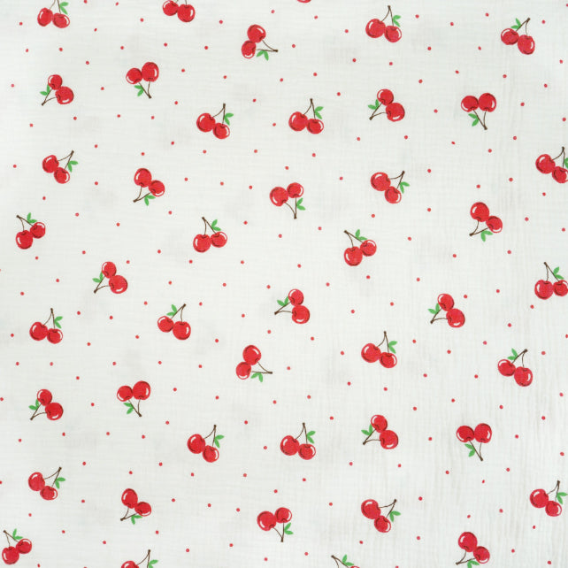Tissu Double Gaze De Coton Imprimé | Cerises Fond Blanc | Laize 130cm