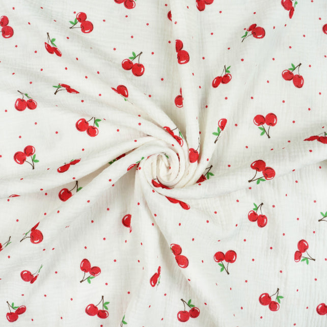 Tissu Double Gaze De Coton Imprimé | Cerises Fond Blanc | Laize 130cm