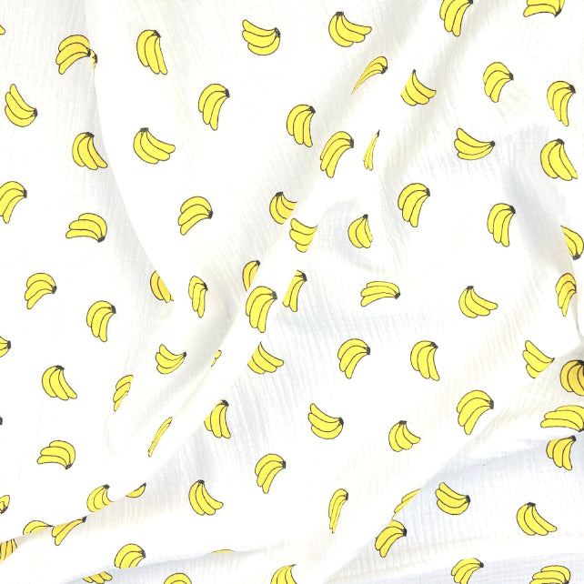 Tissu Double Gaze De Coton Imprimé | Bananes Fond Blanc | Laize 130cm