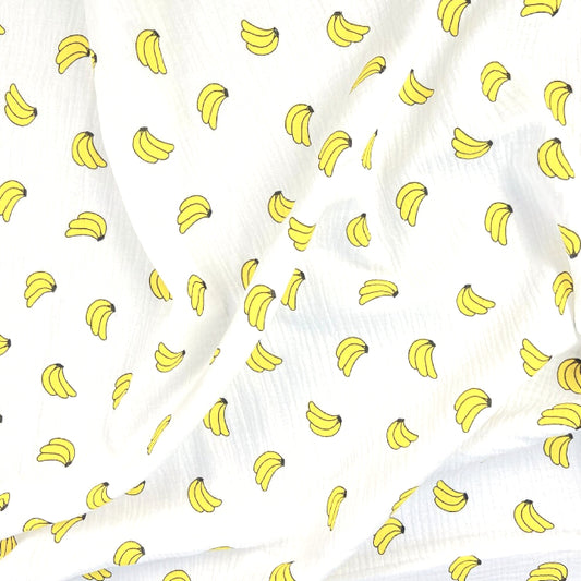 Tissu Double Gaze De Coton Imprimé | Bananes Fond Blanc | Laize 130cm