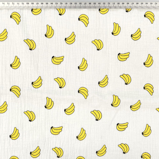 Tissu Double Gaze De Coton Imprimé | Bananes Fond Blanc | Laize 130cm
