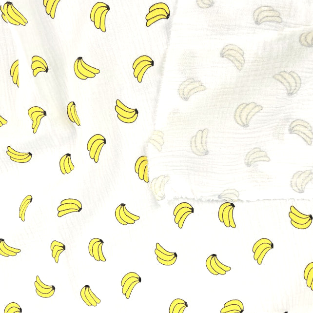 Tissu Double Gaze De Coton Imprimé | Bananes Fond Blanc | Laize 130cm