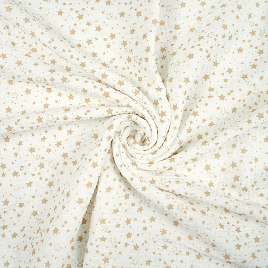 Double Gaze De Coton Imprimé | Blanc Etoiles Dorées | Laize 135cm