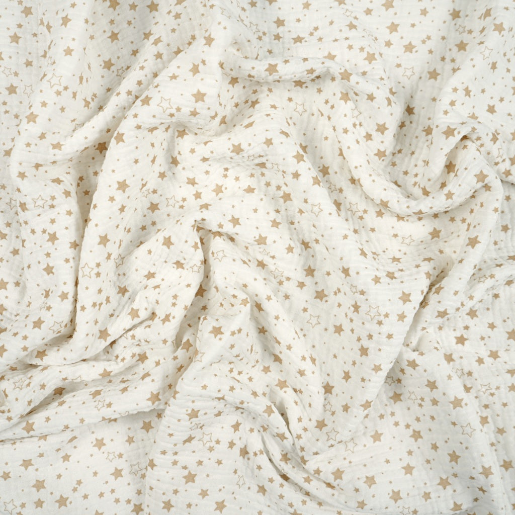 Double Gaze De Coton Imprimé | Blanc Etoiles Dorées | Laize 135cm