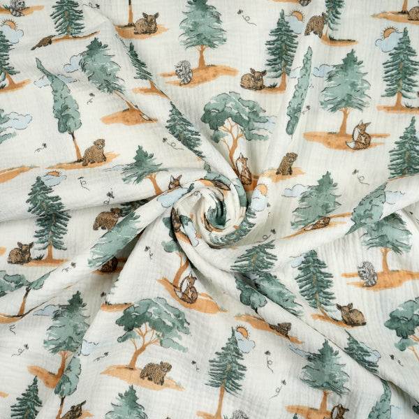 Double Gaze De Coton Imprimé | Animaux Clairière | Laize 130cm