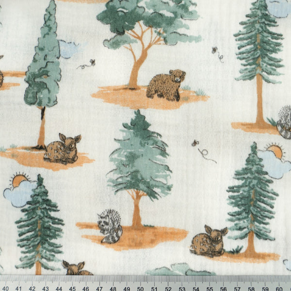 Double Gaze De Coton Imprimé | Animaux Clairière | Laize 130cm