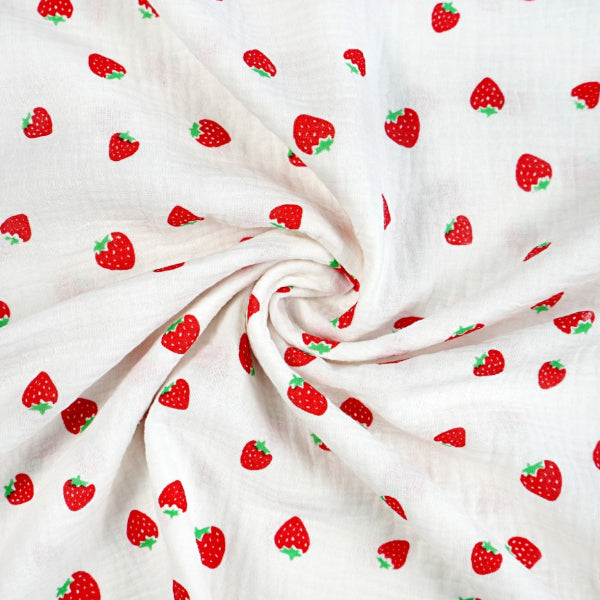 Double Gaze De Coton Imprimé | Fraises Fond Blanc | Laize 130cm