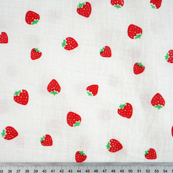 Double Gaze De Coton Imprimé | Fraises Fond Blanc | Laize 130cm