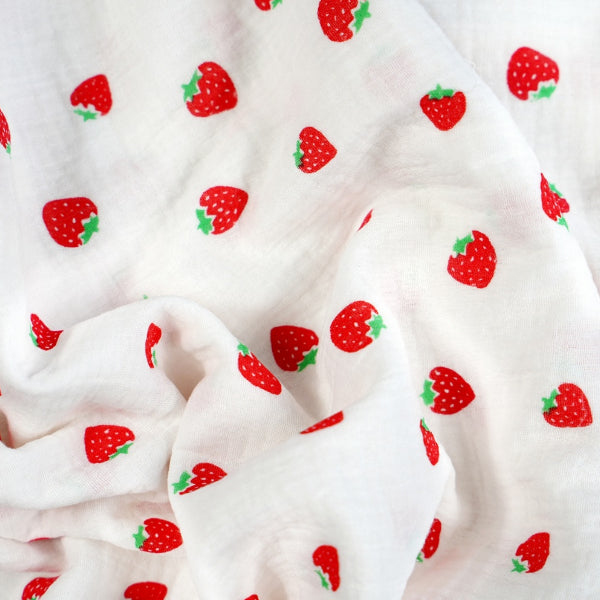 Double Gaze De Coton Imprimé | Fraises Fond Blanc | Laize 130cm