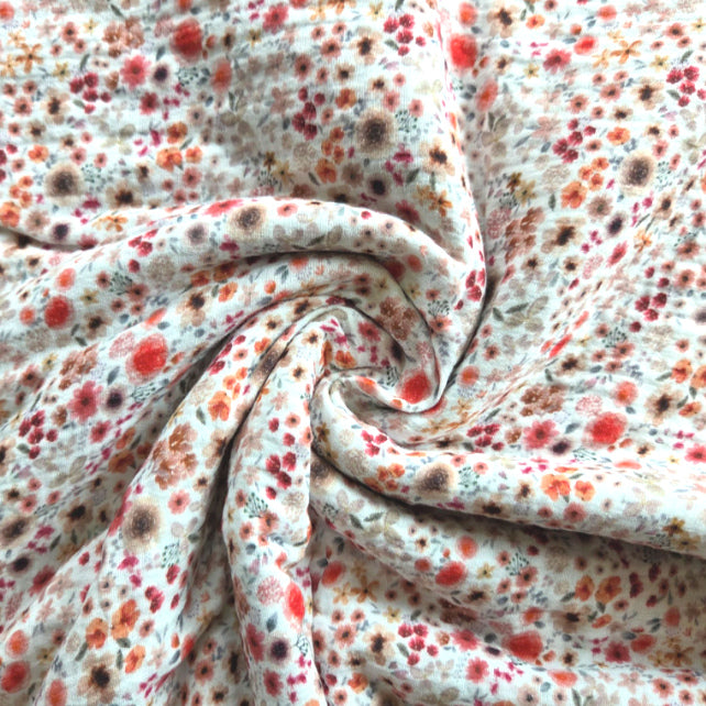 Tissu Double Gaze De Coton Imprimé | Fleurs Hortense 2 Rouge Blanc