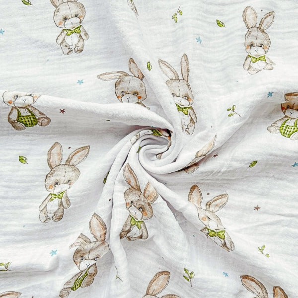 Double Gaze De Coton Imprimé | Lapin Peluche Nœud Pap | Laize 130cm