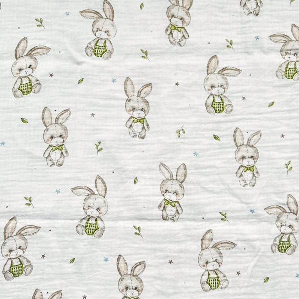 Double Gaze De Coton Imprimé | Lapin Peluche Nœud Pap | Laize 130cm