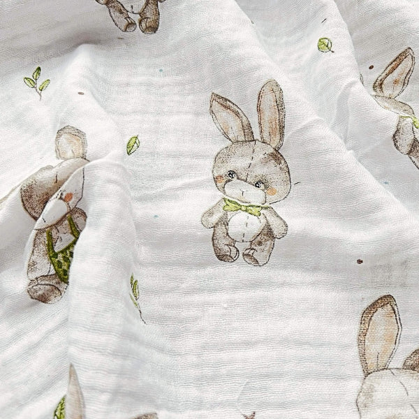 Double Gaze De Coton Imprimé | Lapin Peluche Nœud Pap | Laize 130cm