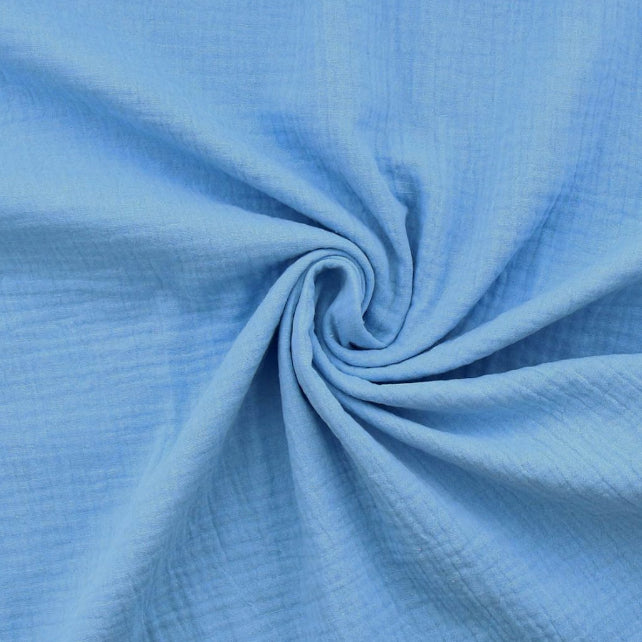 Tissu Double Gaze De Coton Uni - Bleu Riviera - Laize 130cm