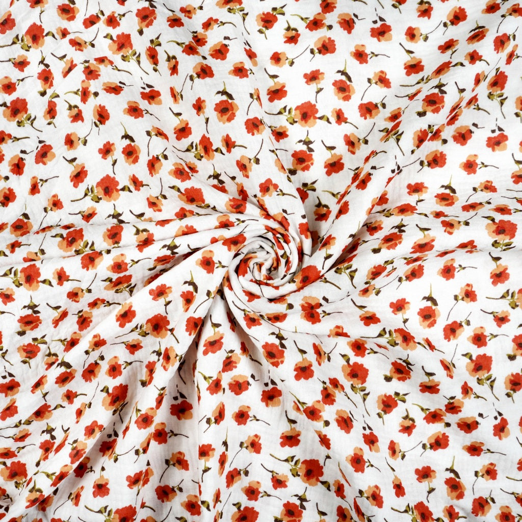 Tissu Double Gaze De Coton Imprimé | Fleurs Rouges Fond Blanc