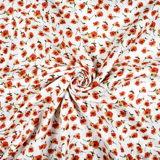 Tissu Double Gaze De Coton Imprimé | Fleurs Rouges Fond Blanc