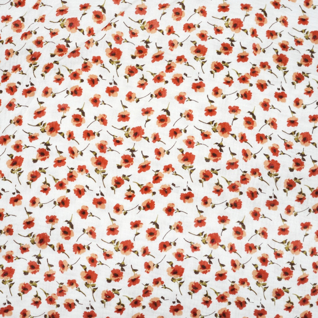 Tissu Double Gaze De Coton Imprimé | Fleurs Rouges Fond Blanc