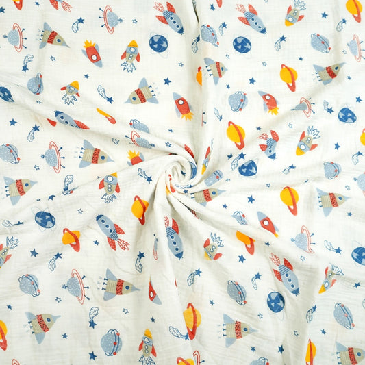 Tissu Double Gaze De Coton Imprimé | Fusées Planètes Multicolores