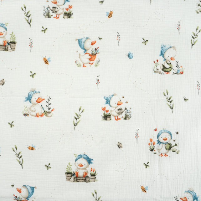 Tissu Double Gaze De Coton Imprimé | Caneton Jardin | Laize 155cm