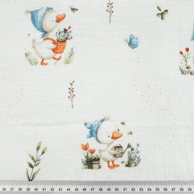 Tissu Double Gaze De Coton Imprimé | Caneton Jardin | Laize 155cm