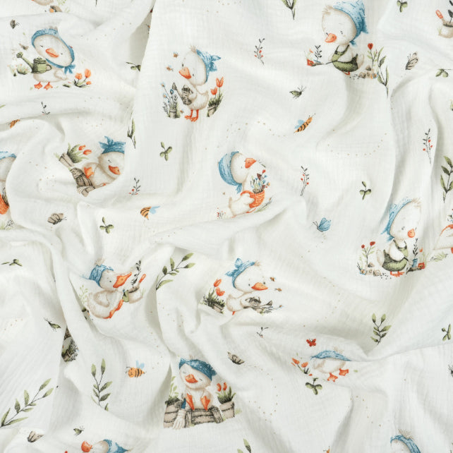 Tissu Double Gaze De Coton Imprimé | Caneton Jardin | Laize 155cm
