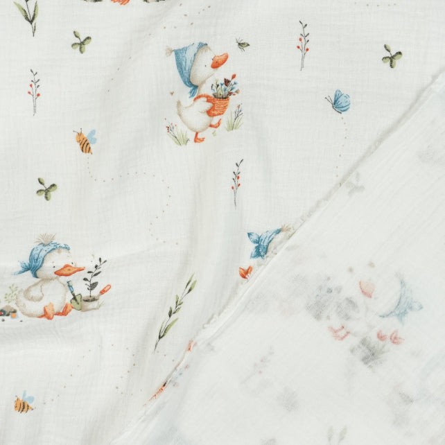 Tissu Double Gaze De Coton Imprimé | Caneton Jardin | Laize 155cm