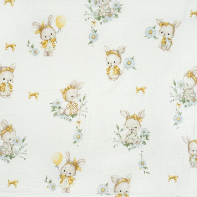 Tissu Double Gaze De Coton Imprimé | Lapin Ballon Jaune | Laize 155cm