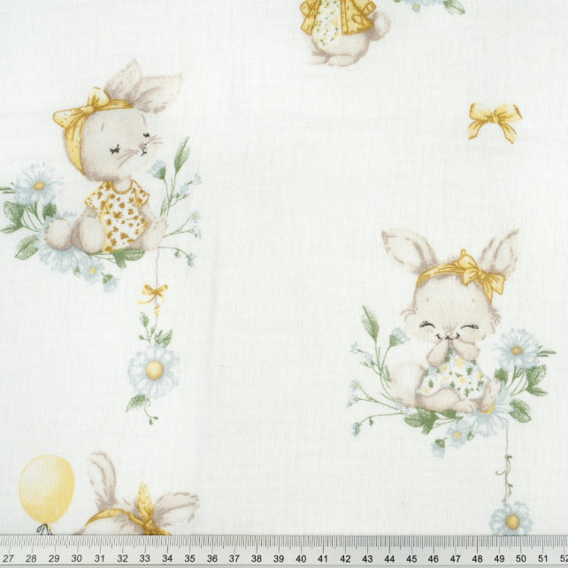 Tissu Double Gaze De Coton Imprimé | Lapin Ballon Jaune | Laize 155cm