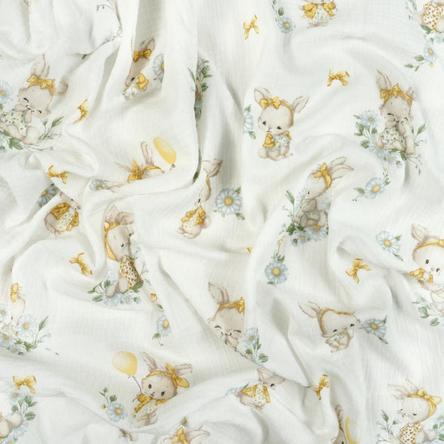 Tissu Double Gaze De Coton Imprimé | Lapin Ballon Jaune | Laize 155cm