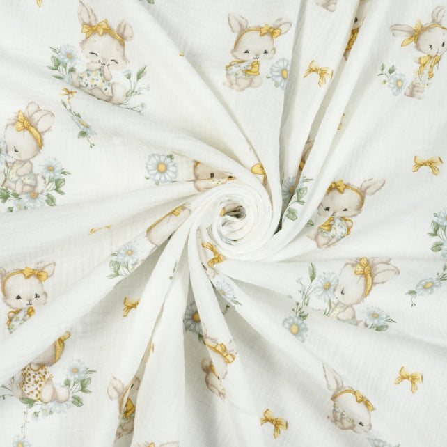 Tissu Double Gaze De Coton Imprimé | Lapin Ballon Jaune | Laize 155cm