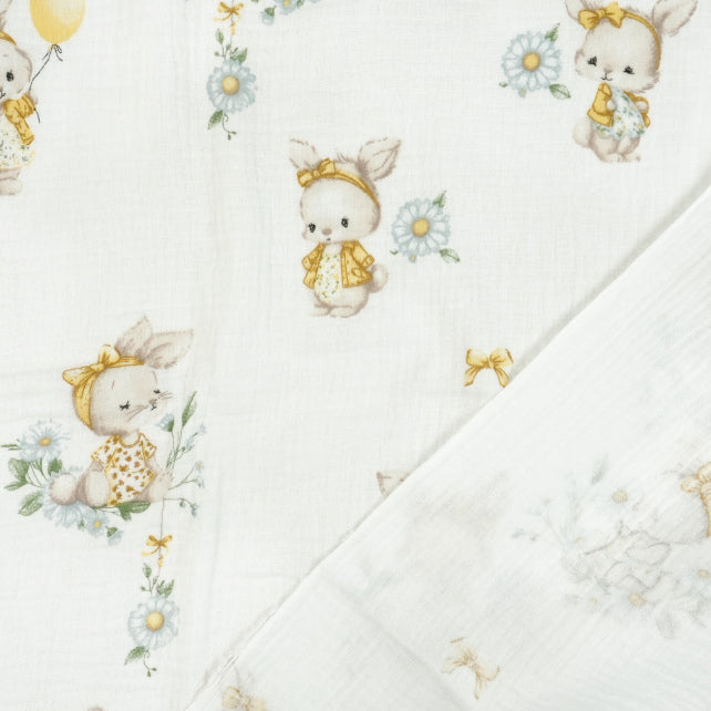 Tissu Double Gaze De Coton Imprimé | Lapin Ballon Jaune | Laize 155cm