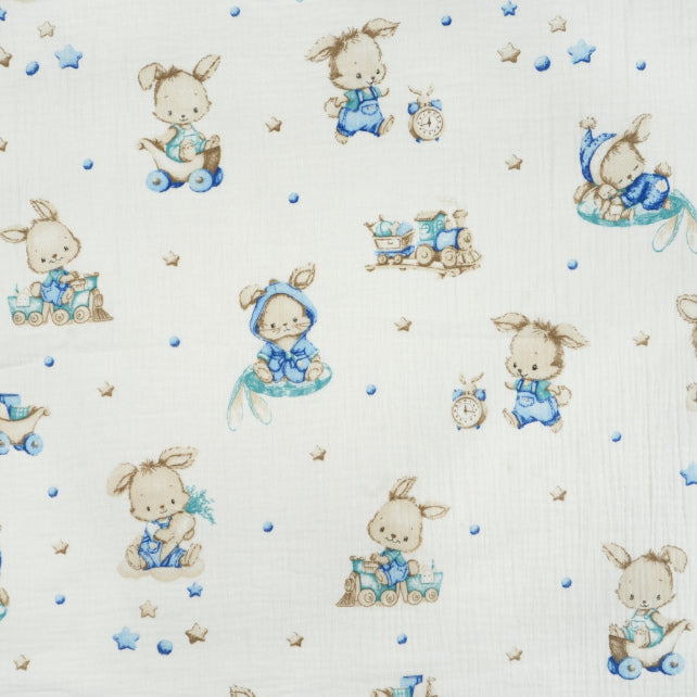 Tissu Double Gaze De Coton Imprimé | Lapin Endormi Bleu | Laize 155cm