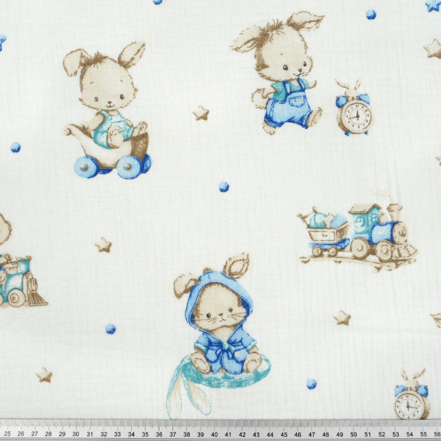 Tissu Double Gaze De Coton Imprimé | Lapin Endormi Bleu | Laize 155cm