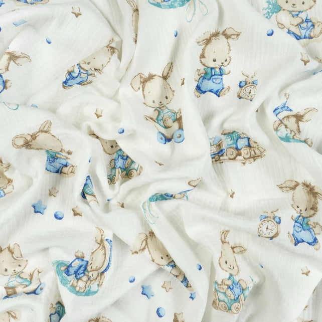 Tissu Double Gaze De Coton Imprimé | Lapin Endormi Bleu | Laize 155cm