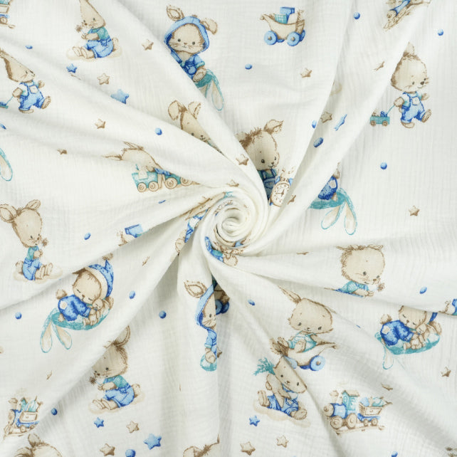 Tissu Double Gaze De Coton Imprimé | Lapin Endormi Bleu | Laize 155cm