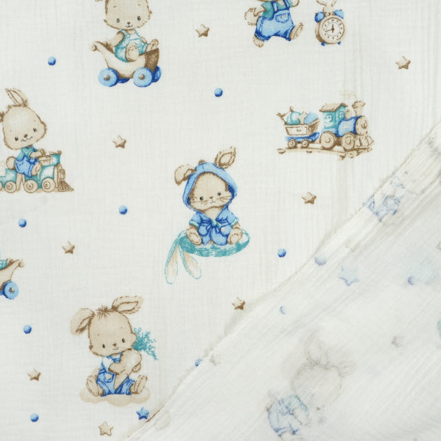 Tissu Double Gaze De Coton Imprimé | Lapin Endormi Bleu | Laize 155cm