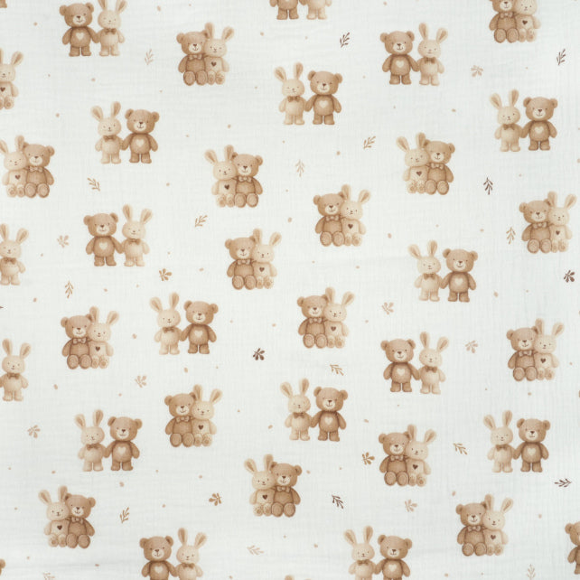 Tissu Double Gaze De Coton Imprimé | Lapin Ourson Coeur Brun | Laize 155cm