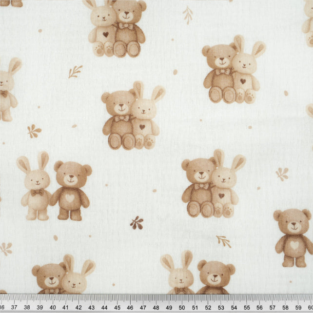 Tissu Double Gaze De Coton Imprimé | Lapin Ourson Coeur Brun | Laize 155cm