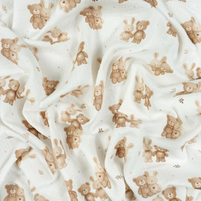 Tissu Double Gaze De Coton Imprimé | Lapin Ourson Coeur Brun | Laize 155cm